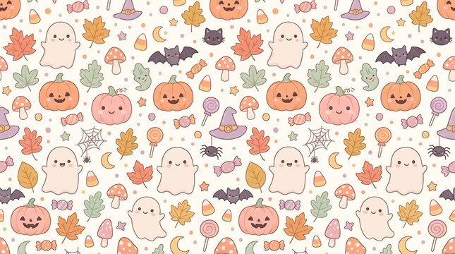 Cute halloween seamless pattern with ghosts, pumpkins, bats, candy corn, lollipops, mushrooms, and autumn leaves on a white background