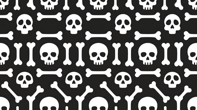 Seamless black and white Halloween pattern combining skulls and bones in a repeating arrangement, creating a bold graphic background for seasonal decorative and print projects.