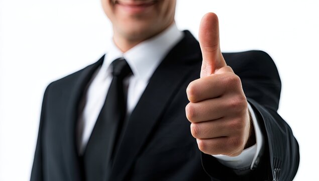 Man in suit gives a thumbs-up gesture, conveying approval