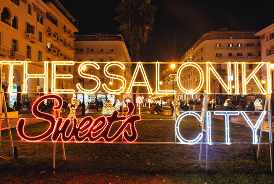 Christmas decorations and festive lights illuminate Aristotelous Square in central Thessaloniki