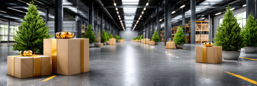 Christmas trees and numerous gift boxes ready for shipment line a vast industrial warehouse floor, symbolizing holiday season logistics, delivery, and commerce during winter celebrations