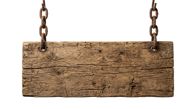 Weathered wooden plank sign hanging from old rusty iron chains on transparent background