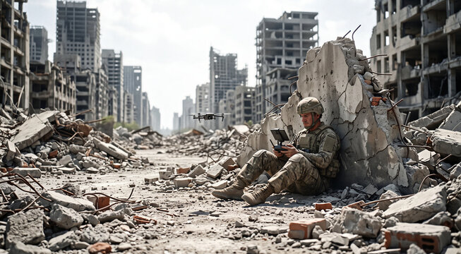 Soldier piloting military quadcopter drone with remote control behind ruins in destroyed war city, modern warfare technology and surveillance concept