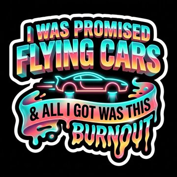 Retro futuristic quote typography badge, flying cars neon sticker graphic, burnout humor typography emblem for t-shirt print