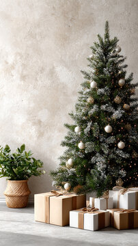 Decorated christmas tree in a bright modern living room by large arched windows, surrounded by neatly wrapped gifts, creating a festive, elegant holiday atmosphere