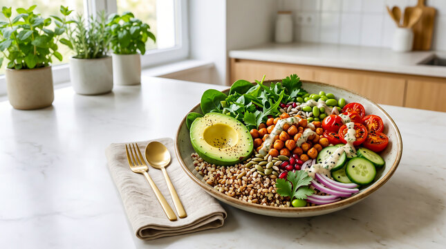 Healthy vegan buddha bowl with quinoa, avocado, and roasted chickpeas. Fresh vegetable salad, garnished with olive oil and herbs on a light marble kitchen table.