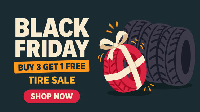 Black Friday tire sale banner template with buy 3 get 1 free offer and gift wrapped car tire   