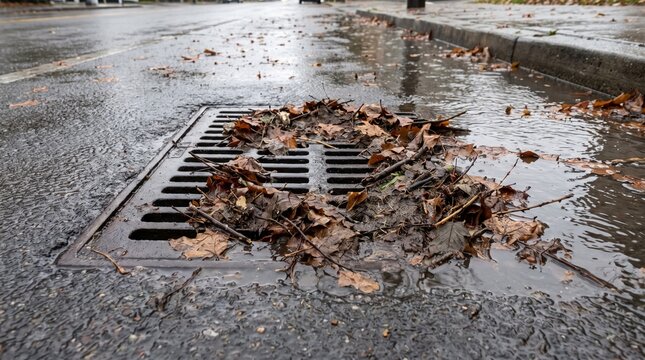 Storm drain completely blocked by wet autumn leaves and organic debris after heavy rainfall, with water pooling around the metal grate on an urban street, documentary environmental infrastructure phot