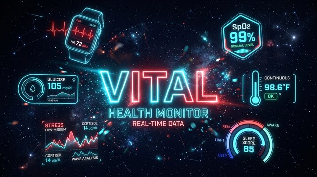 Wearable health monitoring holographic vital signs icons dark background with VITAL text and SpO2 percentage, digital health technology innovation concept