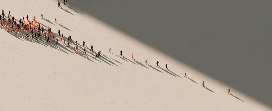 Tiny figures cast long shadows as they march across a sunlit surface