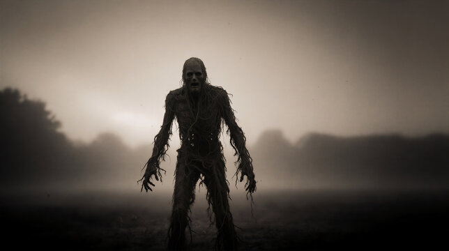 Horrifying swamp monster standing in foggy field. Decayed muddy zombie creature in misty barren landscape. Halloween horror concept