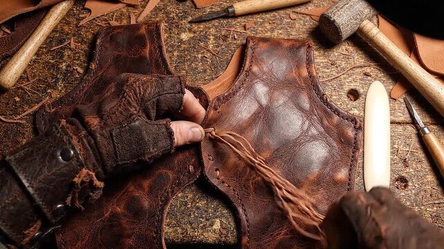 Artisan hands stitching brown leather craft on wooden workbench