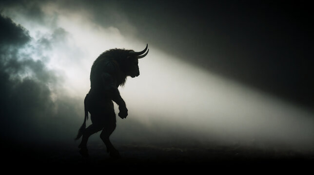 Silhouette of a powerful minotaur walking through thick fog. Mythological half man half bull monster illuminated by a dramatic shaft of light. Dark fantasy concept
