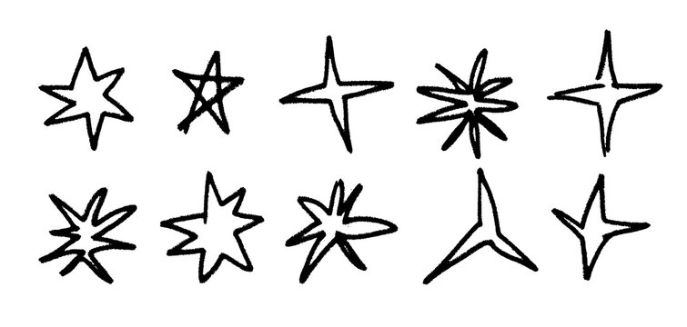 Star sketch contour collection. Hand drawn sparkle shape set. Black brush stroke . Vector abstract magic spark shine pack. Crayon twinkle asterisk doodle bundle for sticker, collage, poster, sticker,