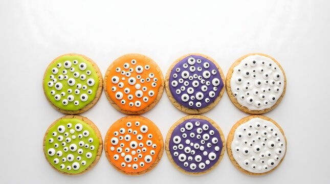 Halloween monster eyeball cookies with colorful icing arranged in rows on white background with copy space for party invitation