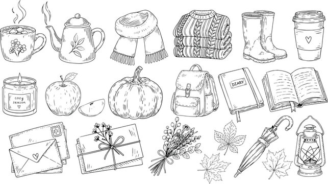 Cozy autumn hand drawn illustration set