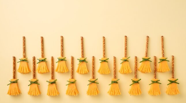 Halloween witch broom snacks made with cheese and pretzel sticks in a row on yellow background with copy space for party invitation
