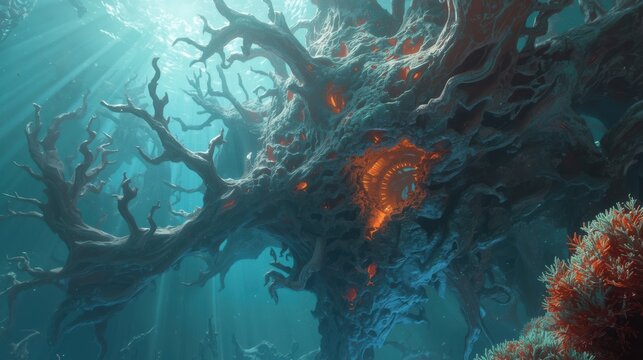 Massive alien organic structure with glowing orange energy cores floating within a dark deep ocean environment