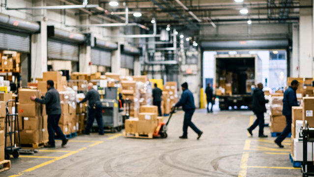 Blurred office loading dock background with defocused staff receiving deliveries, bright industrial light