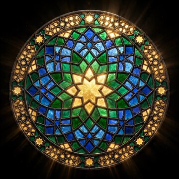 Islamic Geometric Star Stained Glass Medallion, Emerald and Gold Kaleidoscopic Pattern