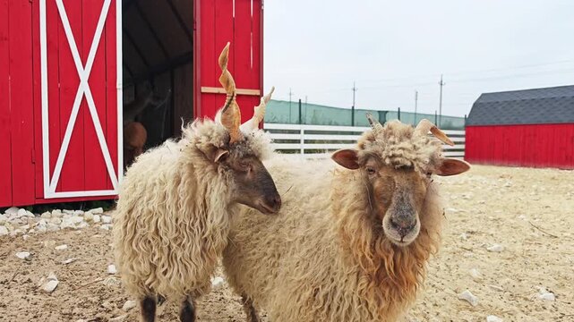 Two Hungarian Racka sheep stand in a sandy outdoor enclosure near a red barn. Ideal for educational videos, farm promotion, eco-agriculture content, animal husbandry, and livestock breeding.