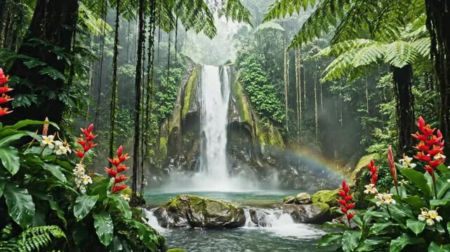 Majestic waterfall flowing into a crystal clear tropical jungle pool with vibrant red flowers and subtle rainbow video clip