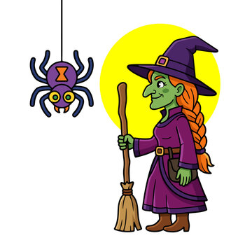 Spooky Halloween Vector Character Illustration Featuring Green Skinned Witch Holding Wooden Broomstick, Hanging Purple Spider, and Full Yellow Moon Isolated on White Background