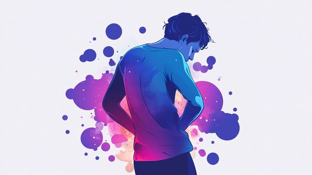 A person stands in a lively space, their hand gripping their lower