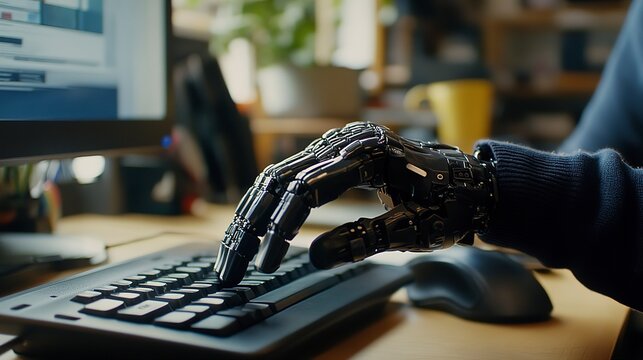 In a bright office environment, a focused worker uses a bionic