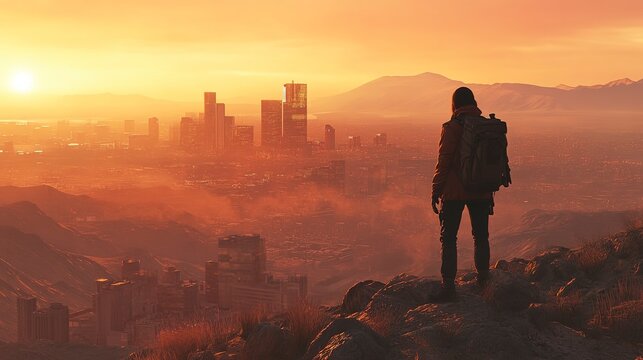 Standing atop a hill, the traveler gazes at the sprawling city