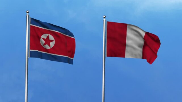 North Korea and Peru Waving Flags, 3D Illustration