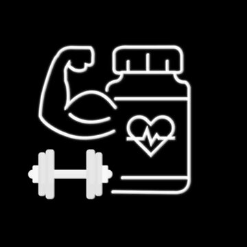 Glowing white neon fitness and health supplement icon animation on a dark background.