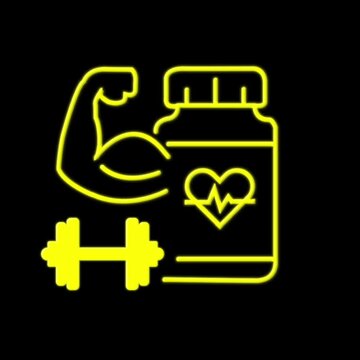 Glowing yellow neon fitness, bodybuilding, and nutrition supplement icon animation on a dark background.