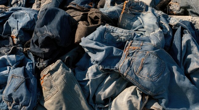 A large pile of various blue denim jeans, some folded, some crumpled