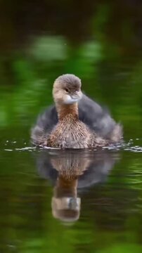 Common Merganser Chick Swimming on Calm Lake
