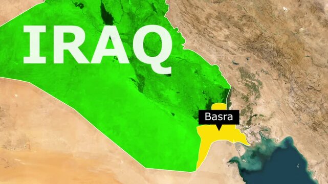 Map of iraq highlighting basra province in yellow on satellite background