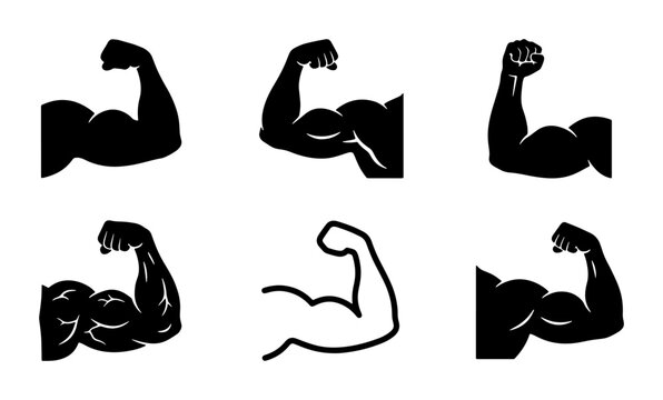 Bicep muscle silhouettes set with flexing arms and outline for fitness and strength logo