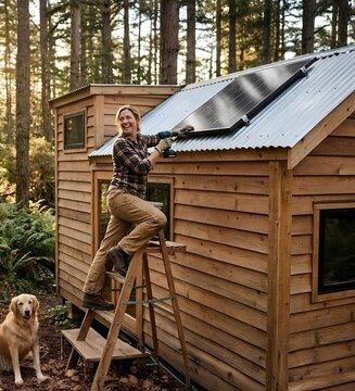Confident female homeowner installing a solar panel on the roof of a rustic off-grid tiny home in a sunlit forest, sustainable living concept.