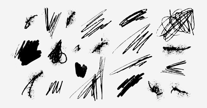 A set of hand-drawn scratches, strokes, vector black doodles for grunge textures and design.