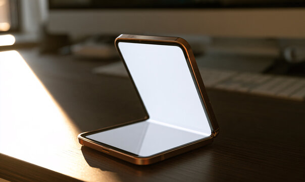 Open Foldable Smartphone Mockup at 120 Degrees on a Table