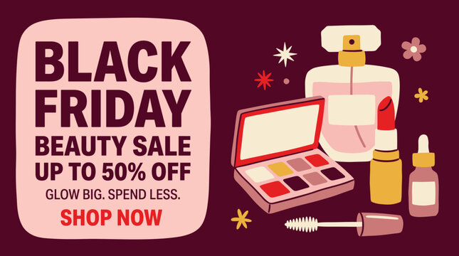 Black Friday beauty sale banner template with cosmetics perfume lipstick eyeshadow palette cosmetics promo offer