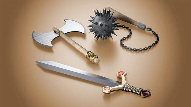 Old Medieval weapons standing on yellow background. 3D illustration