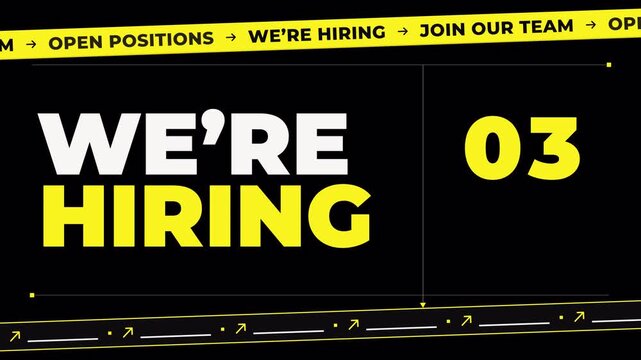 We're Hiring Kinetic Typography Animation with Scrolling Ticker, Open Positions Counter and Apply Now Button, Yellow and Black Recruitment. Loop 4K