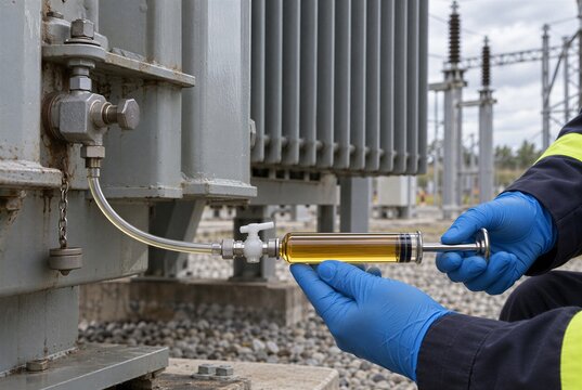 Transformer oil sampling with gas-tight glass syringe for dissolved gas analysis, technician collects insulating fluid at substation for DGA diagnostics, fault detection and condition monitoring test.