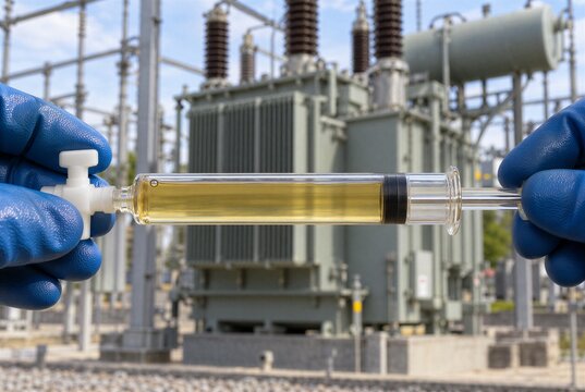 Air bubble control in gas-tight transformer oil syringe before dissolved gas analysis, technician checks sample integrity to prevent atmospheric contamination during DGA diagnostics and testing onsite