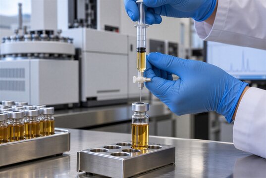 Transformer oil sample preparation for dissolved gas analysis, laboratory technician transfers measured insulating fluid into sealed headspace vial before automated DGA gas chromatography testing lab.