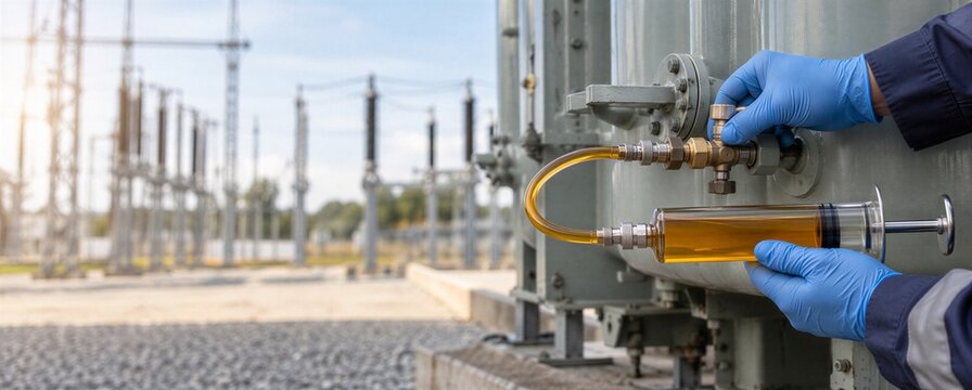 Wide transformer DGA sampling banner with technician collecting insulating oil in gas-tight syringe at electrical substation, illustrating dissolved gas analysis, diagnostics and condition monitoring.