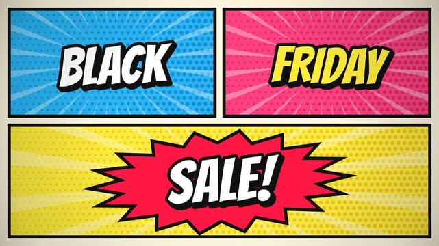 Black Friday Sale Comic Book Style Pop Art Design with Dynamic Burst Backgrounds and Bold Text