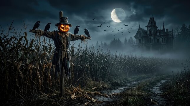 Halloween scarecrow with carved pumpkin head standing in a field before a spooky haunted house, jack o lantern