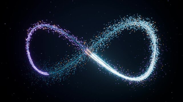 Glowing neon infinity symbol of light particles on dark background